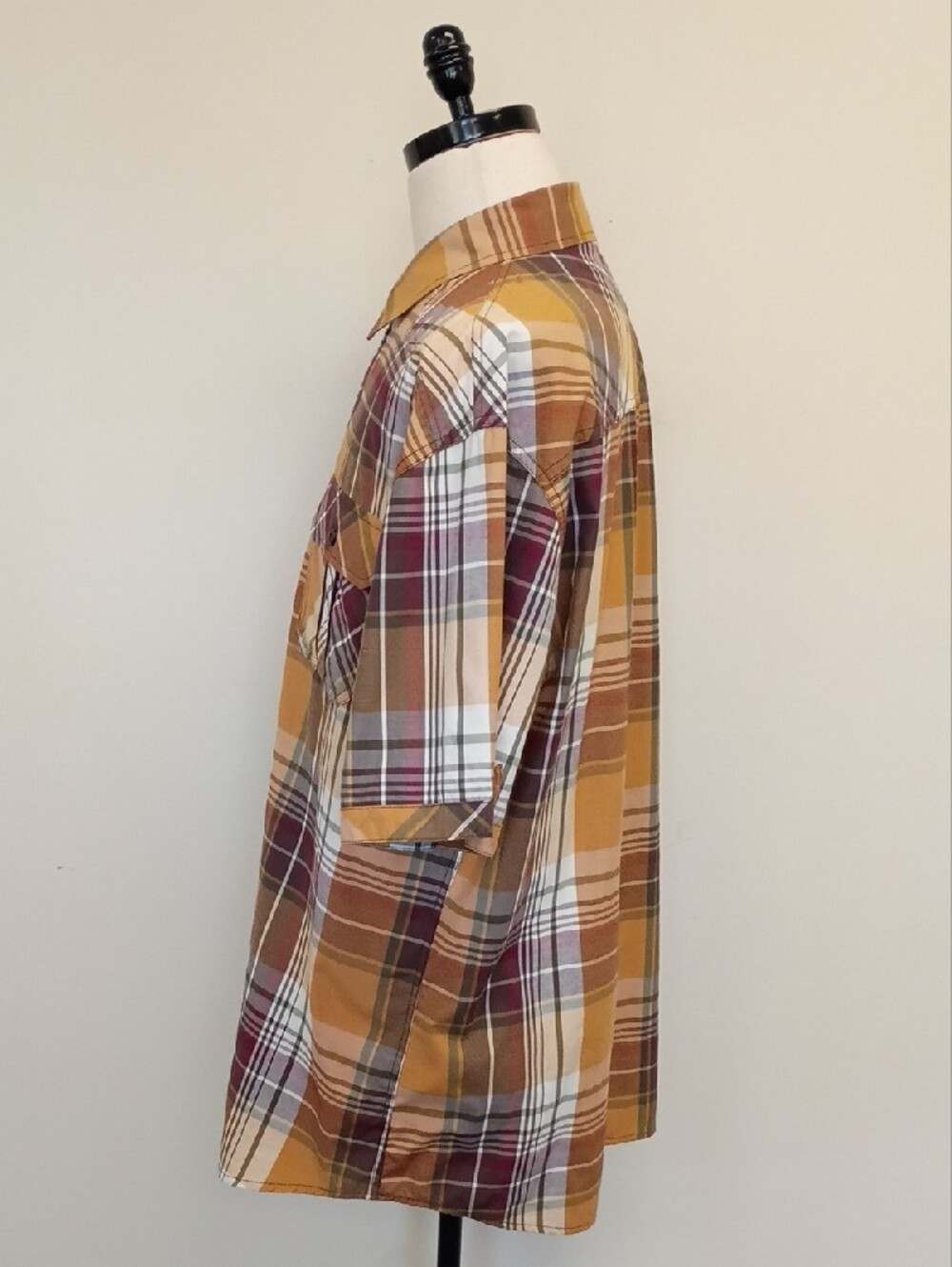 Knockout Jeans Plaid Short Sleeve Button Up Shirt Mustard Burgundy XXL - Picture 2 of 7